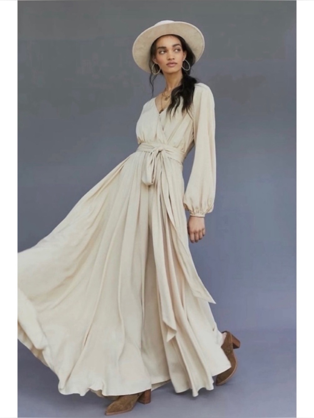 Anthropologie Erika Pena Cream Wrap Maxi Dress Boho Wedding Guest Resort L/XL